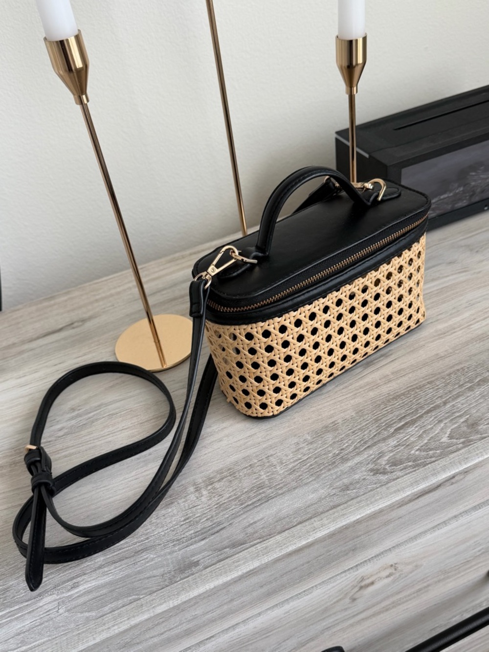 Woven Rattan Crossbody Bag with Black Trim